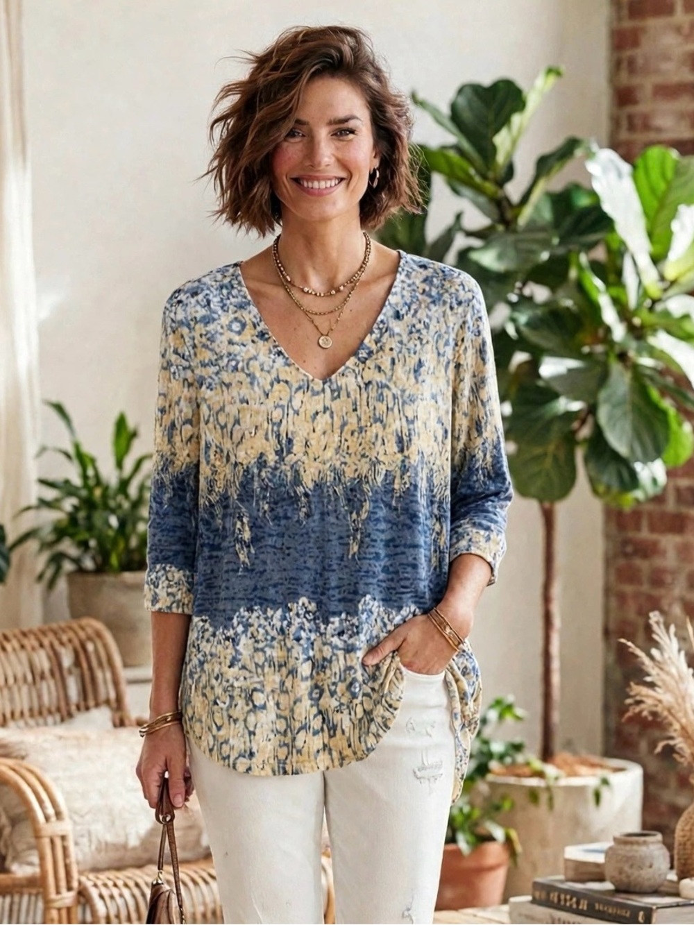Chico's Women's V-Neck Blouse Blue Yellow Print 3/4 Sleeve Size 1 / Medium